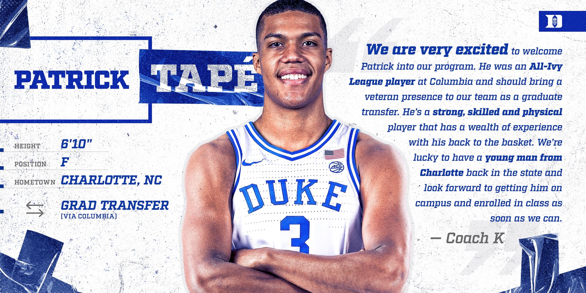 Duke Officially Announces and Welcomes Grad Transfer Patrick Tapé